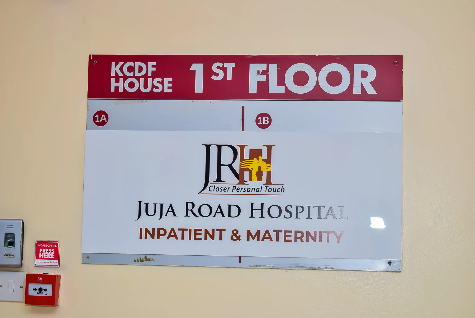 First-floor Juja Road Hospital inpatient and maternity sign at KCDF House, Pangani
